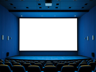 Obraz premium Empty cinema with large projection screen and blue lighting in a modern theater