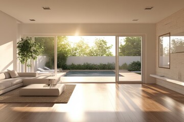 Modern sunlit living room with pool and garden view through large glass doors