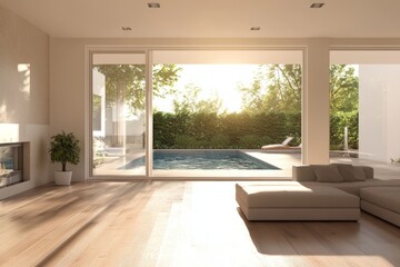 Fototapeta premium Modern minimalist living room with pool view through large windows