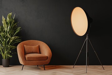 Stylish living room corner with a cozy chair, a modern lamp, and a lush potted plant against a dark wall.