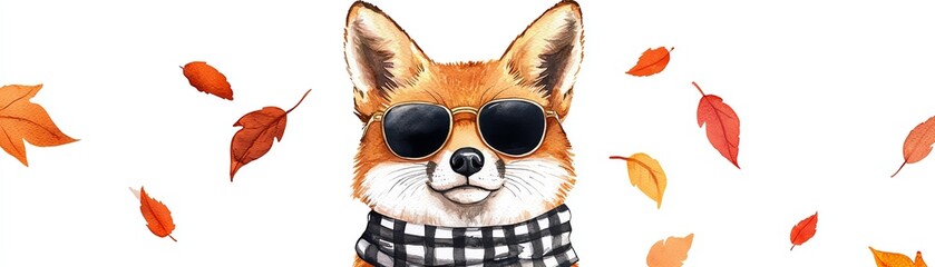 Playful fox wearing sunglasses and scarf surrounded by colorful autumn leaves, exuding a cheerful and fashionable vibe.