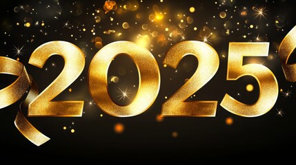 Festive golden ribbons with "2025" numbers creating celebratory atmosphere for New Year's Eve or special events, ideal for text overlay. New year celebration concept with elegant design.