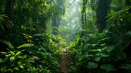 Fototapeta premium A dirt path winds through a dense, green jungle. Sunbeams pierce the canopy, illuminating the foliage.