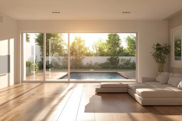 Modern living room with large windows overlooking a sunlit garden and pool
