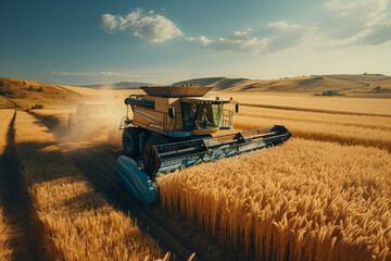 Obraz premium combine harvesters working in wheat field on sunset 