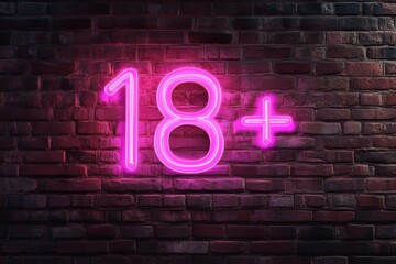 Neon pink 18+ sign on brick wall background