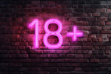 Neon 18+ sign on brick wall with pink glow