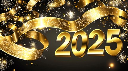 Festive golden ribbons with "2025" numbers creating celebratory atmosphere for New Year's Eve or special events, ideal for text overlay. New year celebration concept with elegant design.