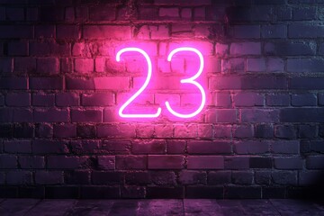 Neon pink number 23 on dark brick wall background