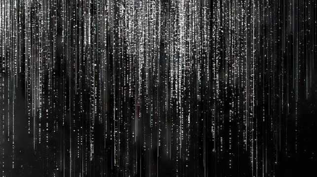 black and white digital code rain in a matrix inspired futuristic style. High-tech backdrop with glowing binary.