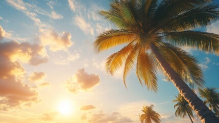 Low angle view of palm trees at sunset.