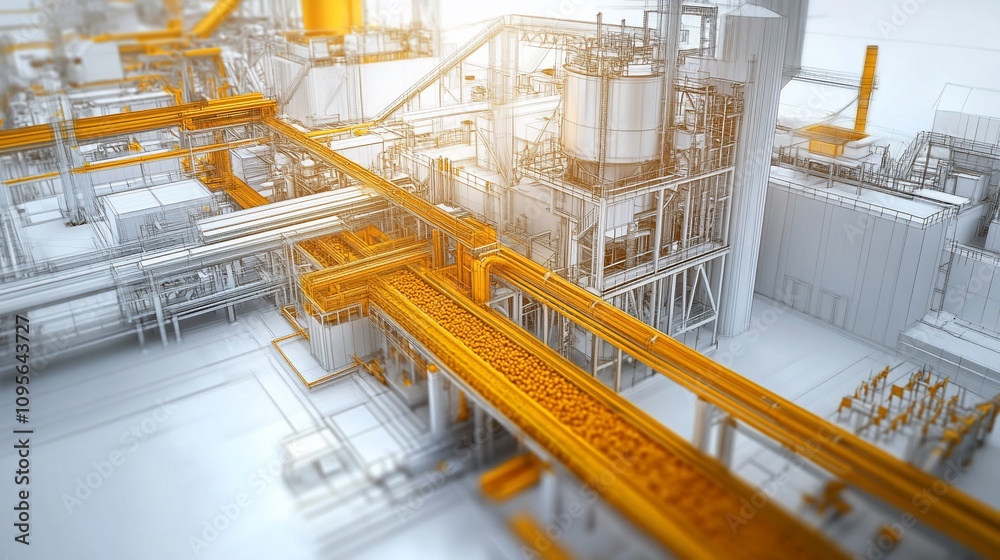 Poster 3d rendering of industrial factory with complex machinery and conveyor belts.