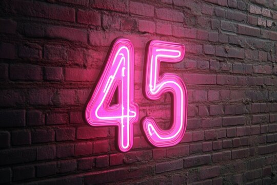 Pink neon number 45 on brick wall background