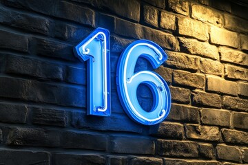 Glowing blue neon number 16 on brick wall at night