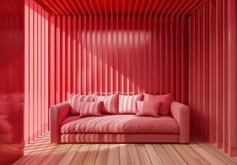 A pink sofa with pillows sits in front of a red slatted wall. Two side tables with decor flank the sofa, and a wooden floor completes the scene