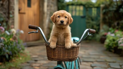 Fototapeta na wymiar Playful Golden Puppy in a Bicycle Basket Amidst a Beautiful Garden