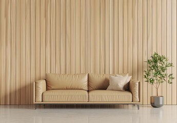 Modern living room interior with a white sofa, wooden wall paneling, and a potted plant