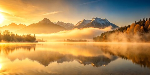 Fototapeta premium Serene sunrise over a misty lake reflecting snow-capped mountains and autumnal forest