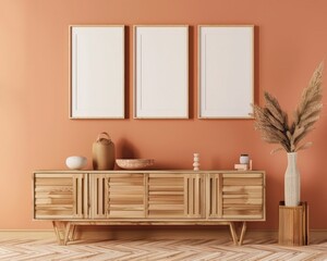 Minimalist living room interior with three blank picture frames, a wooden cabinet, a rug, and a plant