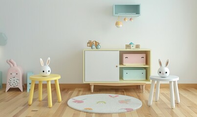 Fototapeta premium A minimalist nursery room with white walls and pastel colored furniture, a round rug, and a cute stuffed bunny rabbit
