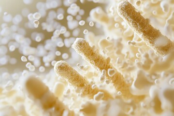Microscopic view of creamy yeast particles in fermentation process