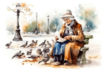 an old woman, an elderly gray-haired woman in a hat among a multitude of birds in an autumn park., watercolor style 