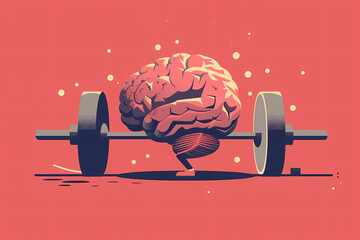 A creative illustration of a brain lifting a barbell, symbolizing mental strength and fitness, with bold colors and a playful style.