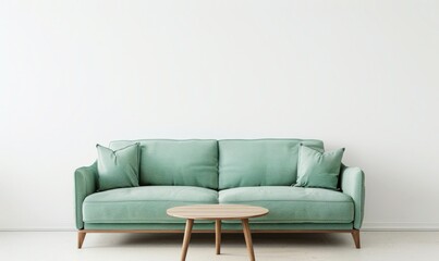 A light green sofa with wooden legs and three pillows sits in front of a white wall with a small potted plant and table to the left