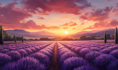 Gardinen Lavender fields at sunset, vibrant purple blooms, rolling hills, dramatic sky, warm colors, serene landscape © k_viktar
