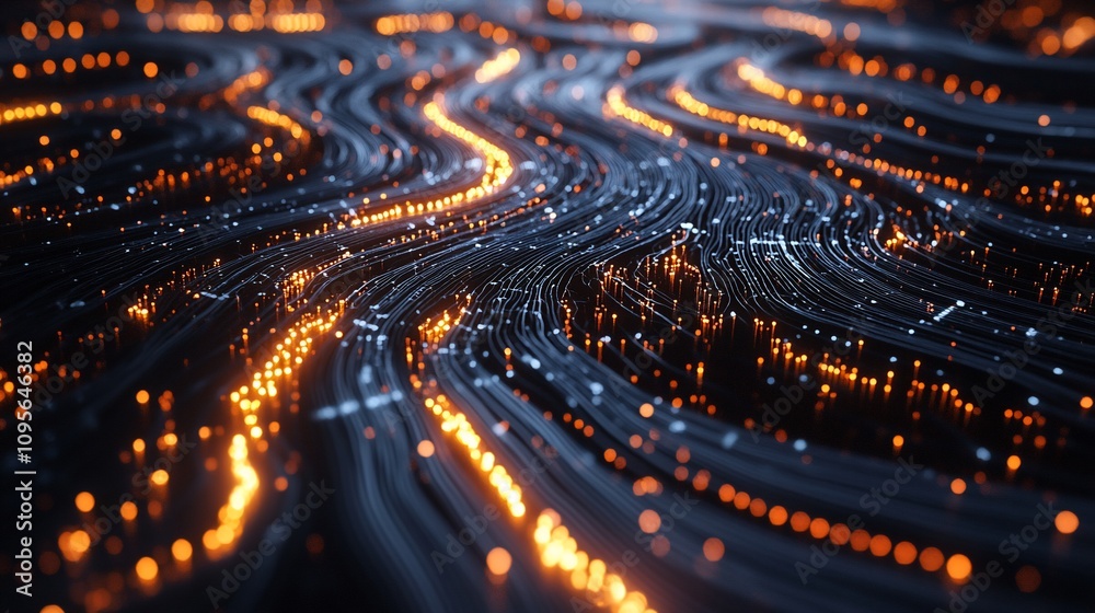 Poster abstract glowing wavy lines, digital data stream.