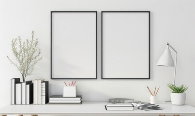 A Minimalist Workspace with a Blank Frame, Books, Desk Lamp, and a Plant