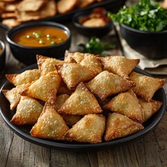 Crispy Indian Samosas with Spicy Dipping Sauce in a Black Bowl on Rustic Table with Fresh Salad and Savory Snacks - Perfect for Party Appetizers