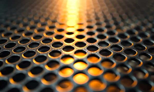 Close-up of dark metal perforated sheet with warm light.