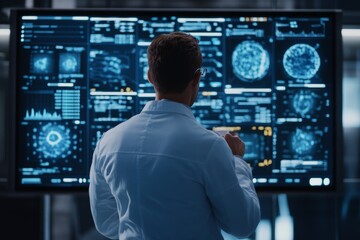 Male scientist analyzing data on large screen in advanced laboratory