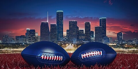 Football Cityscape at Dusk: Illuminated Houston Skyline with American Footballs on a Field, Vibrant Evening Lights, Urban Sports Theme in Texas, USA