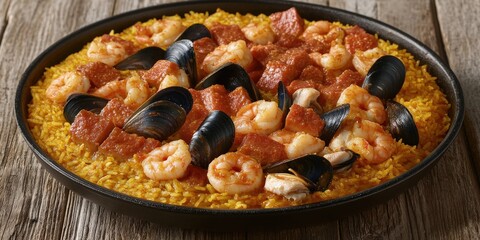 Delectable Spanish Seafood Paella with Shrimp, Mussels, and Chorizo on Rustic Wooden Table - Authentic Mediterranean Culinary Delight with Saffron and Rice Dish
