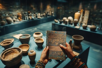 Obraz premium A person examines ancient pottery and artifacts in a museum setting.
