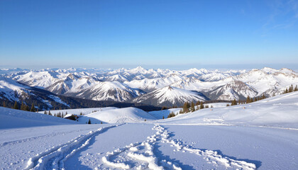 Snowy mountain range with hiking tracks under a clear blue sky