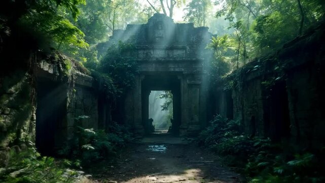 A mayan ruins in the middle of the jungle with sunlight backlight