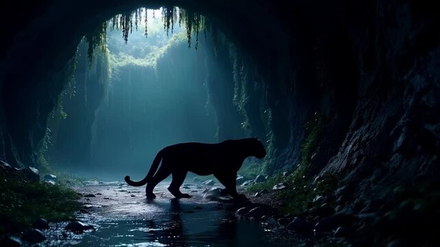 A silhouette of a black panther inside a dark cave, sunlight coming through a hole in cave ceiling