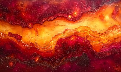 Abstract fiery orange and red resin art with glitter.