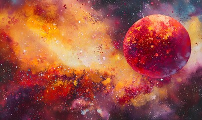 Obraz premium Fiery red planet in a vibrant nebula.