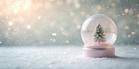 A miniature evergreen tree encased in a glass snow globe rests on a snowy surface, sparkling bokeh lights illuminate the background.