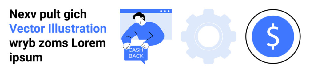 Human holding a cashback envelope on screen, gear symbol, and dollar sign in blue circle. Ideal for fintech apps, promotional banners, financial blogs, business tools, app interfaces, e-commerce