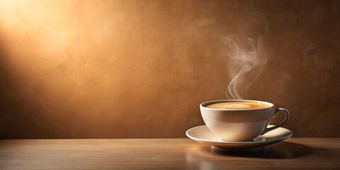 Obraz premium Aromatic Steam Rising from a Warm Cup of Coffee on a Wooden Surface