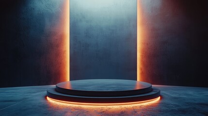 Illuminated Concrete Platform with Orange Neon Lights