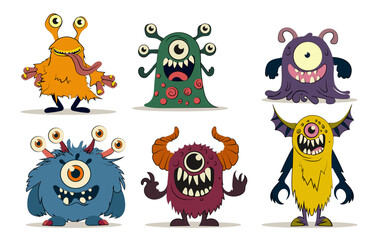 Funny monsters set. Yellow, green and blue demons and devils. Imagination and fantasy, fictional characters. Stickers for social networks. Flat vector collection