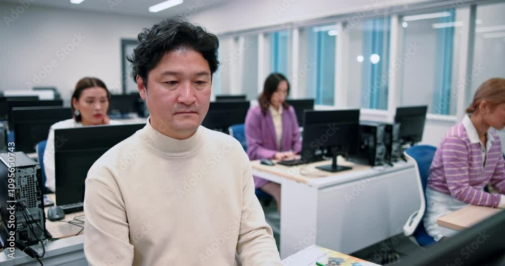 Poster Japanese man, students and computer science in lab for lesson, education and learning for degree. Group, people and classroom in university or college for programming language, scholarship and school