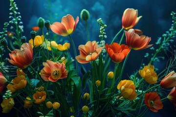 Vibrant orange and yellow flowers blooming in a lush garden, creating a serene and colorful atmosphere filled with nature's beauty.