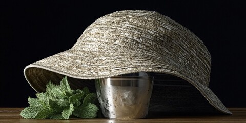 Straw Sun Hat with Fresh Mint Leaves and Stainless Steel Cup on Wooden Table - Rustic Botanical Decor with Natural Elements and Kitchen Accessories